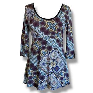 Salaam Womens Top Sz Medium Mandala Print Boho Scoop Neck Babydoll Shirt